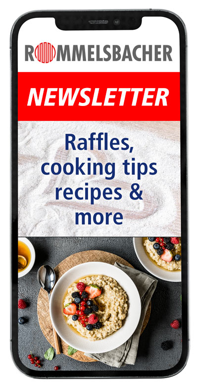 Image of a smartphone with text: Newsletter - raffles, cooking tips, recipes & more, below a breakfast dish
